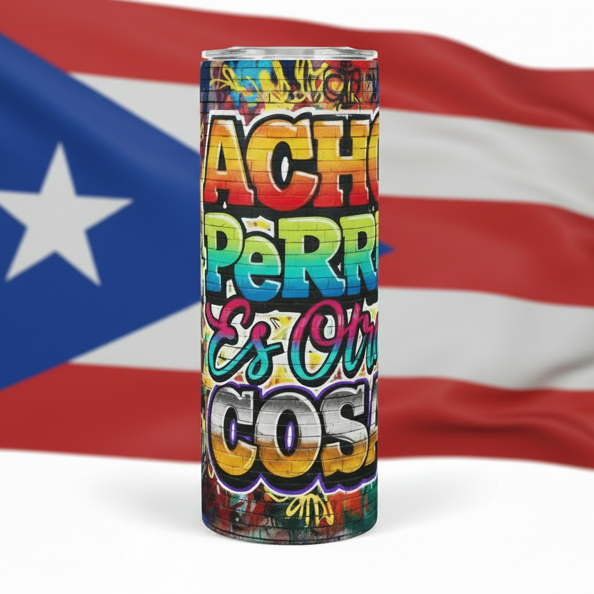Colorful can with text in front of a Puerto Rican flag
