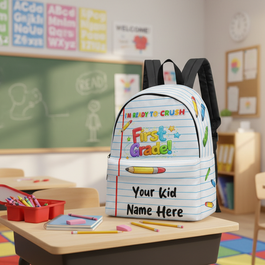 Personalized backpack with 'First Grade' design in a classroom setting