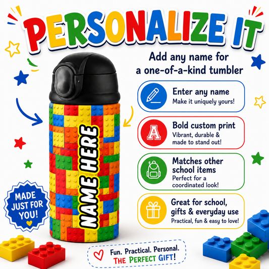 Personalized Building Block 12oz Tumbler | Custom Name Kids Water Bottle for School