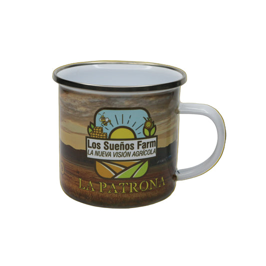 Mug with 'Los Sueños Farm' logo on a yellow background