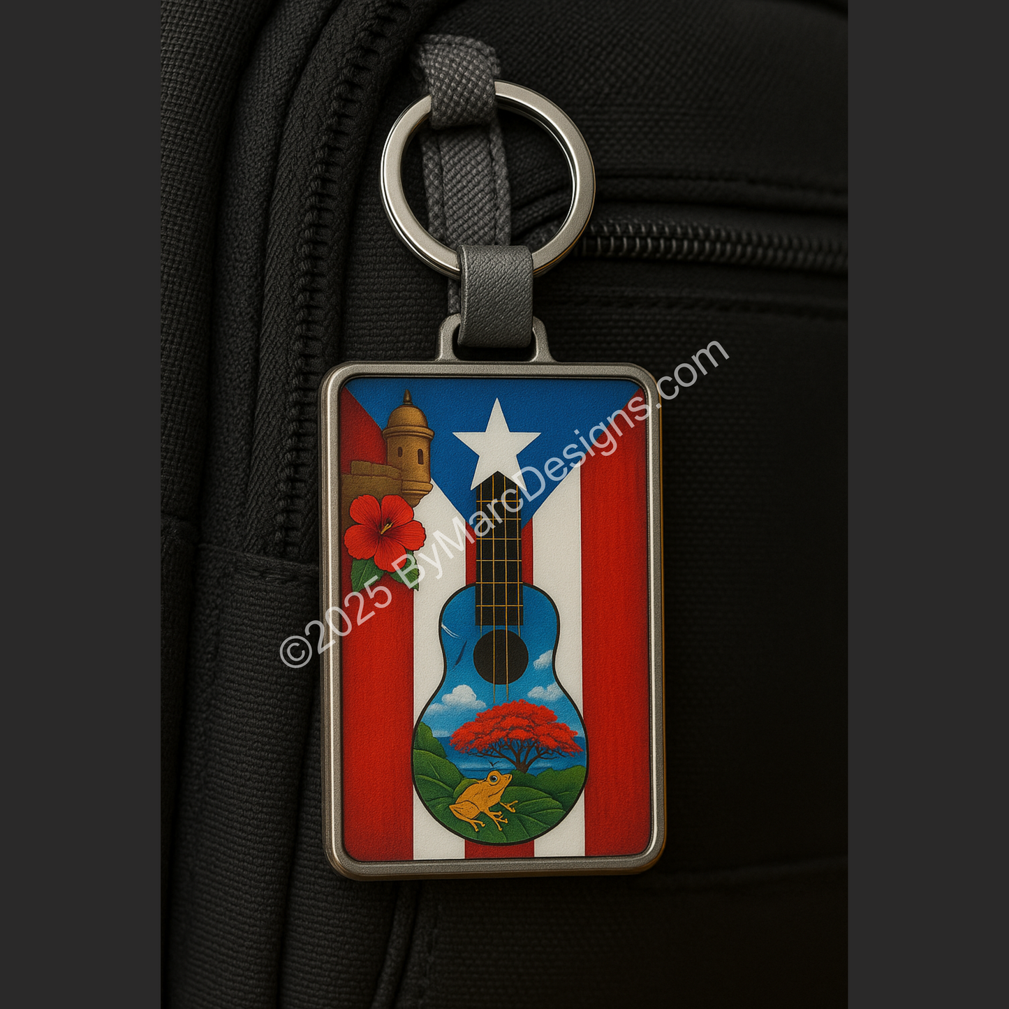 Puerto Rico Flag Keychain - Coquí, Garita & Cuatro Guitar Design