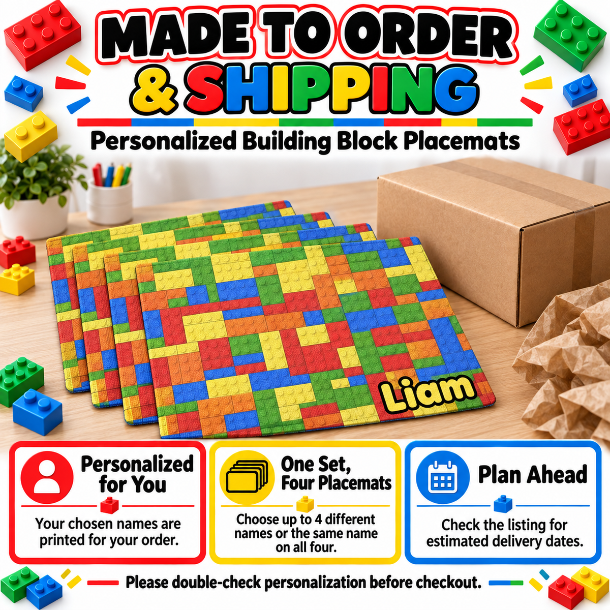 Personalized Building Block Placemats Set of 4, Up to 4 Different Names, Colorful Kids Table Mats, 18 x 12 Inch