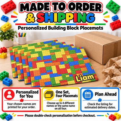 Personalized Building Block Placemats Set of 4, Up to 4 Different Names, Colorful Kids Table Mats, 18 x 12 Inch