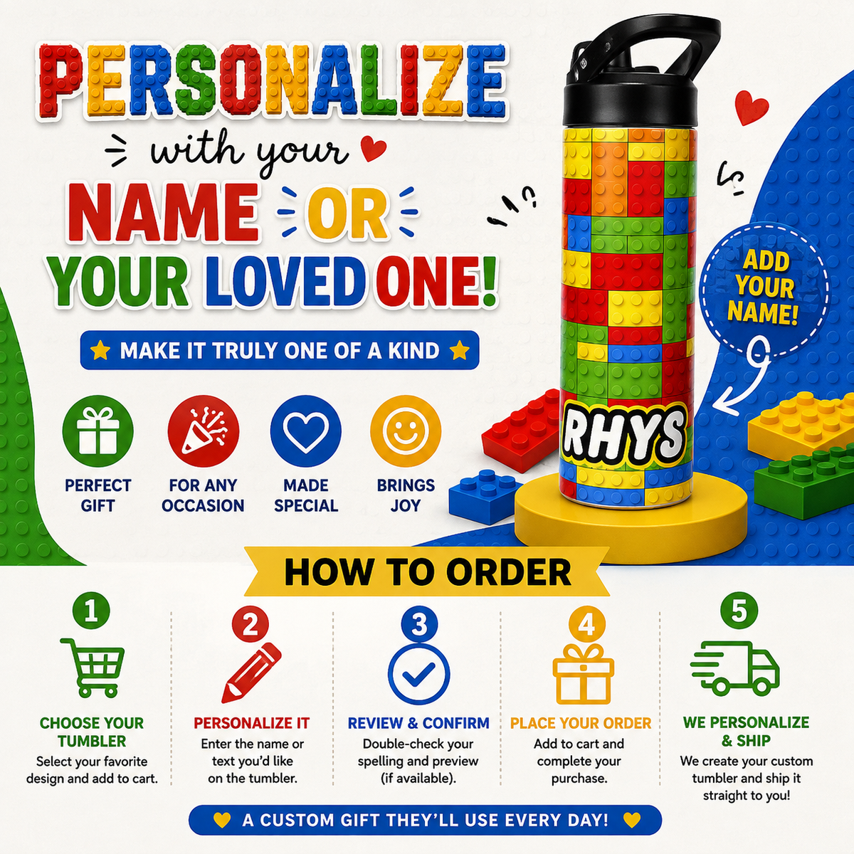 Personalized Building Block Tumbler | 20oz Stainless Steel Kids Water Bottle | Custom Name Gift for Boys & Girls