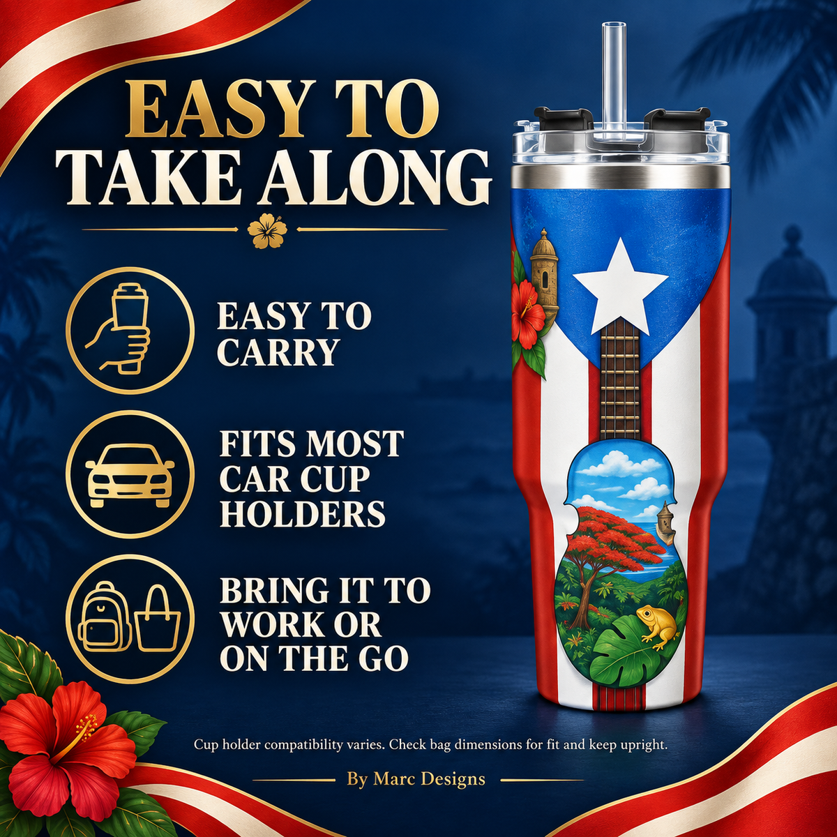 Puerto Rico 40 oz Stainless Steel Tumbler, Cuatro & Coquí Design, Insulated Cup with Handle