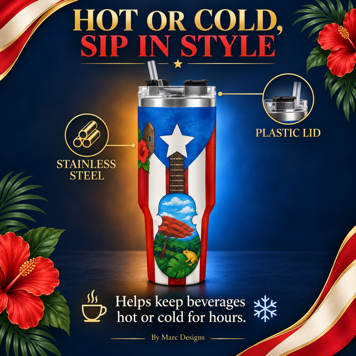 Puerto Rico 40 oz Stainless Steel Tumbler, Cuatro & Coquí Design, Insulated Cup with Handle