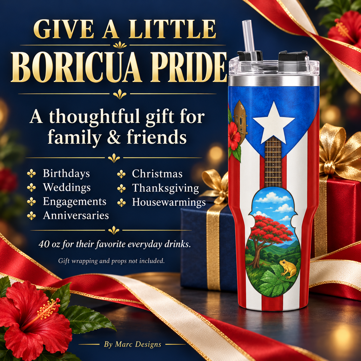 Puerto Rico 40 oz Stainless Steel Tumbler, Cuatro & Coquí Design, Insulated Cup with Handle