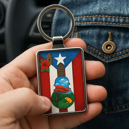 Puerto Rico Flag Keychain - Coquí, Garita & Cuatro Guitar Design