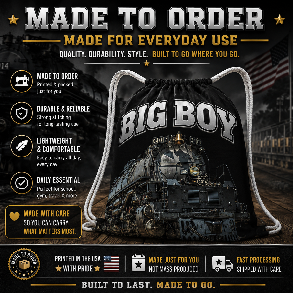 Big Boy 4014 Drawstring Bag | Train Gym Bag & Railroad Fan Gift