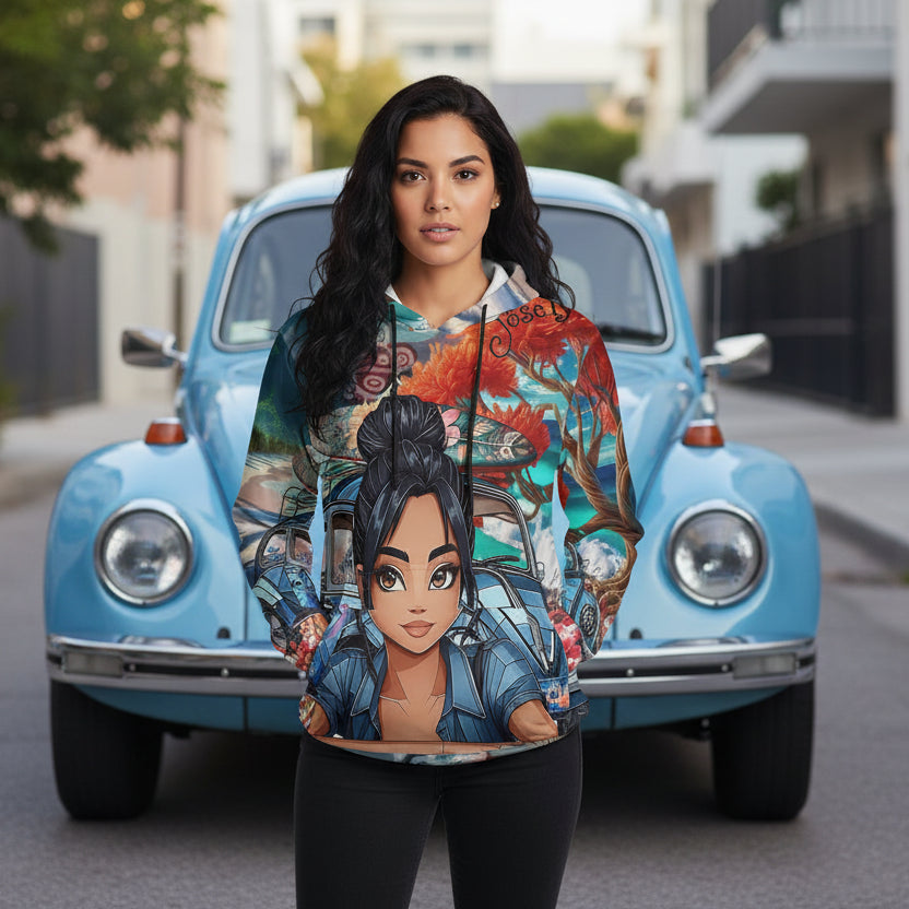 Hoodie with a colorful design of a woman and car, featuring abstract elements and text.