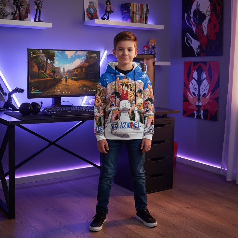 Hoodie with anime character design on a white background