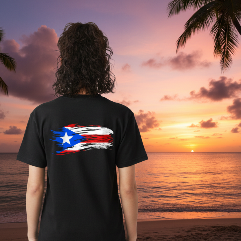 Person wearing a black t-shirt with a Puerto Rican flag design on the back against a white background