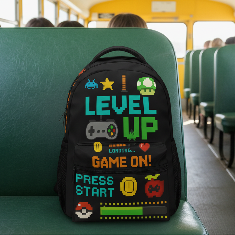 Mochila Level Up Gamer – Mochila escolar con diseño pixel art | Mochila de videojuegos para niños