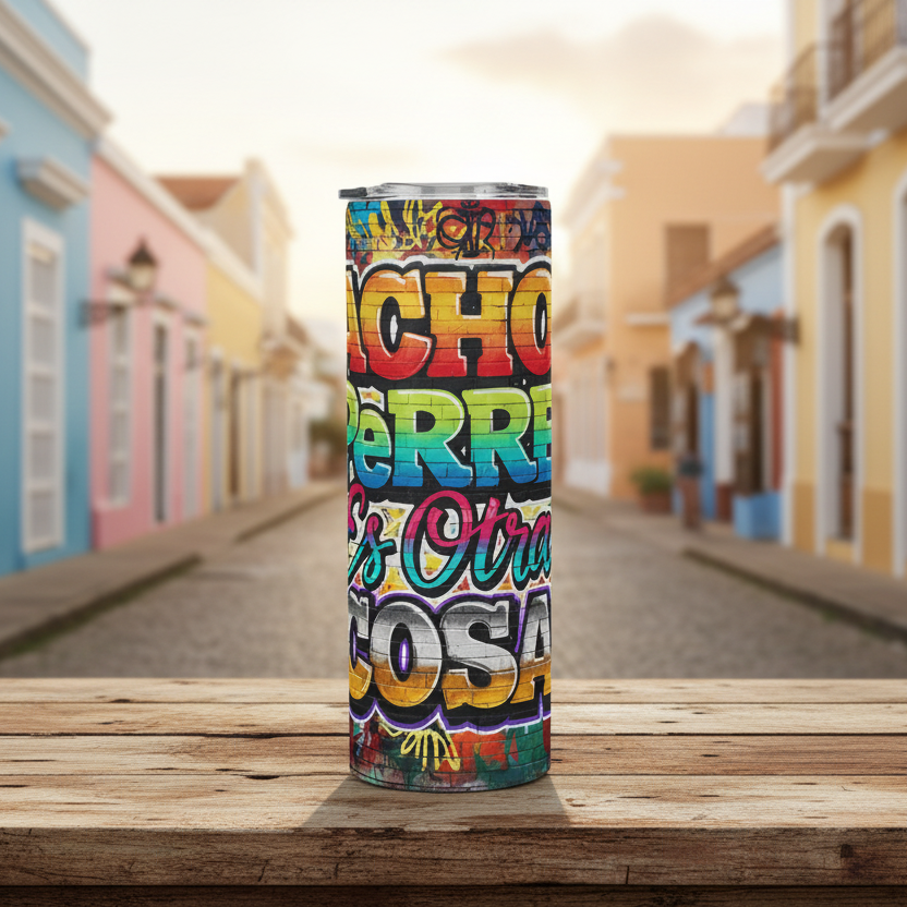 Colorful tumbler with text on a wooden surface in front of a colorful street scene.