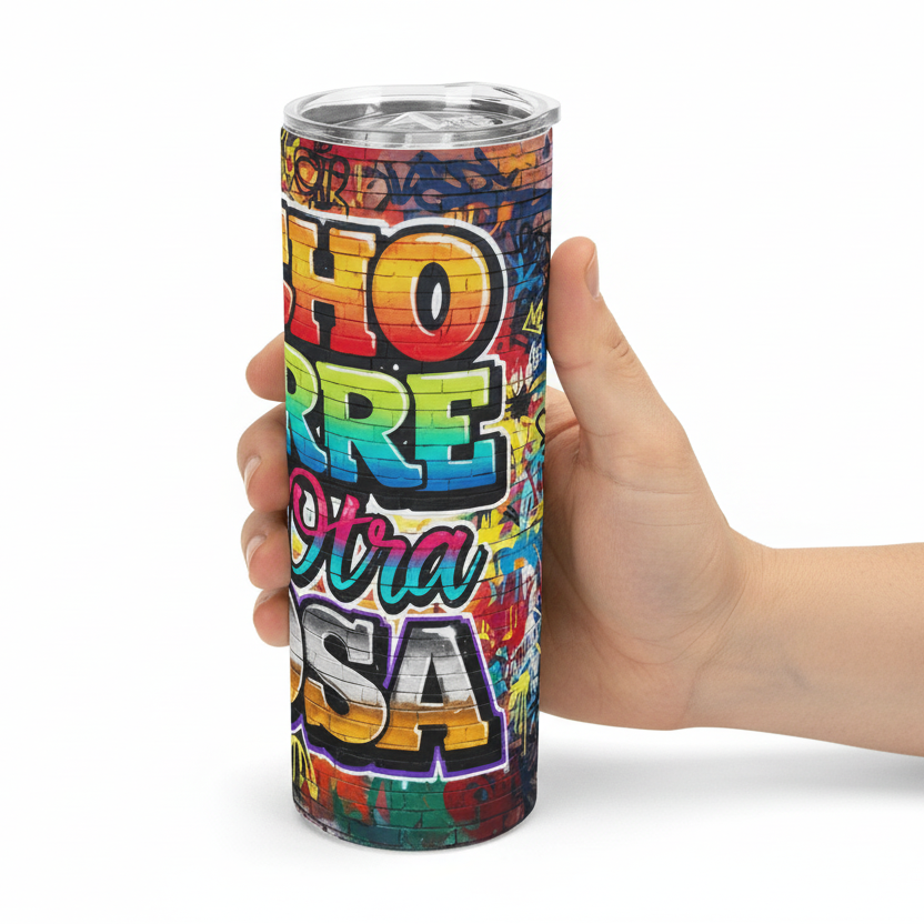 Colorful tumbler with text held by a hand on a white background