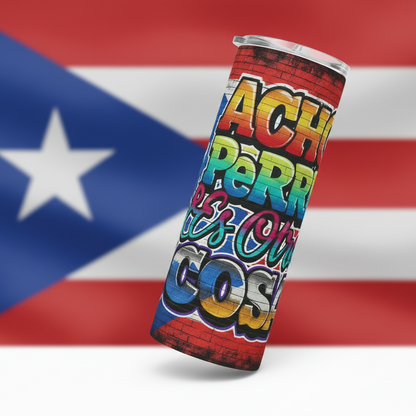 Colorful tumbler with text against a Puerto Rican flag background