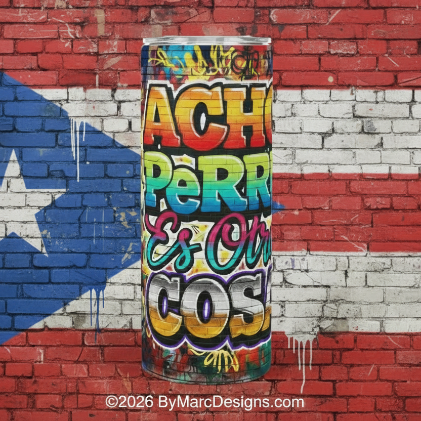 Colorful tumbler with text against a brick wall with a flag design