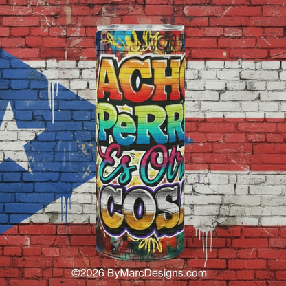 Colorful tumbler with text against a brick wall with a flag design