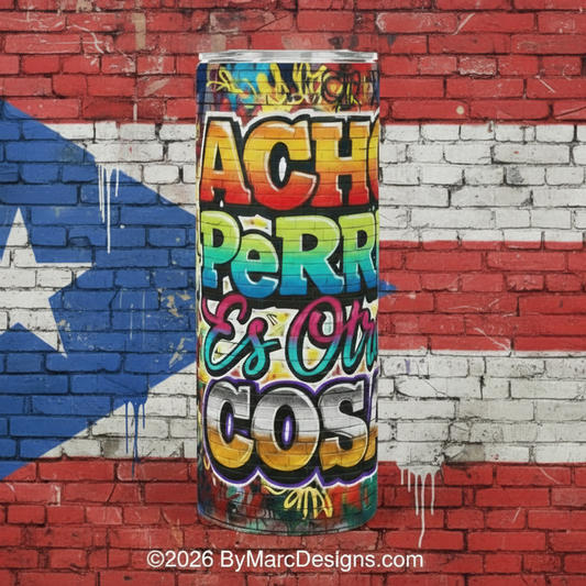 Colorful tumbler with text against a brick wall with a flag design