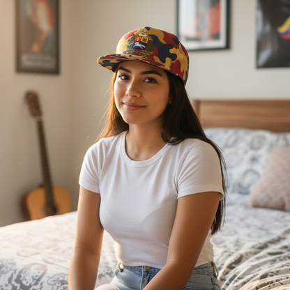 Woman wearing a colorful cap sitting on a bed in a bedroom.