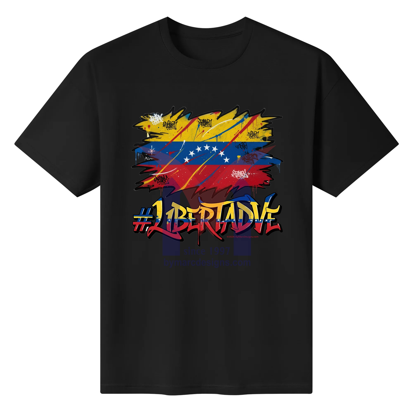 Black t-shirt with colorful graphic design and 'Libertad' text on a white background
