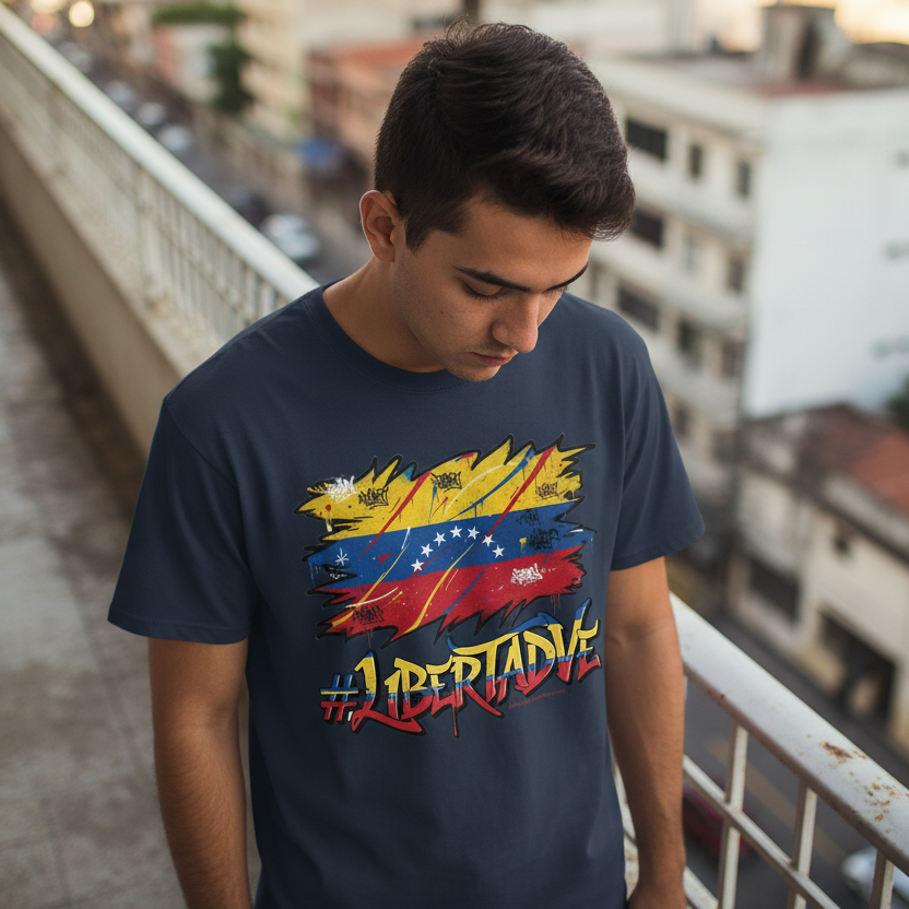 Person wearing a navy blue t-shirt with a colorful graphic design and text, standing on a balcony with a cityscape background.