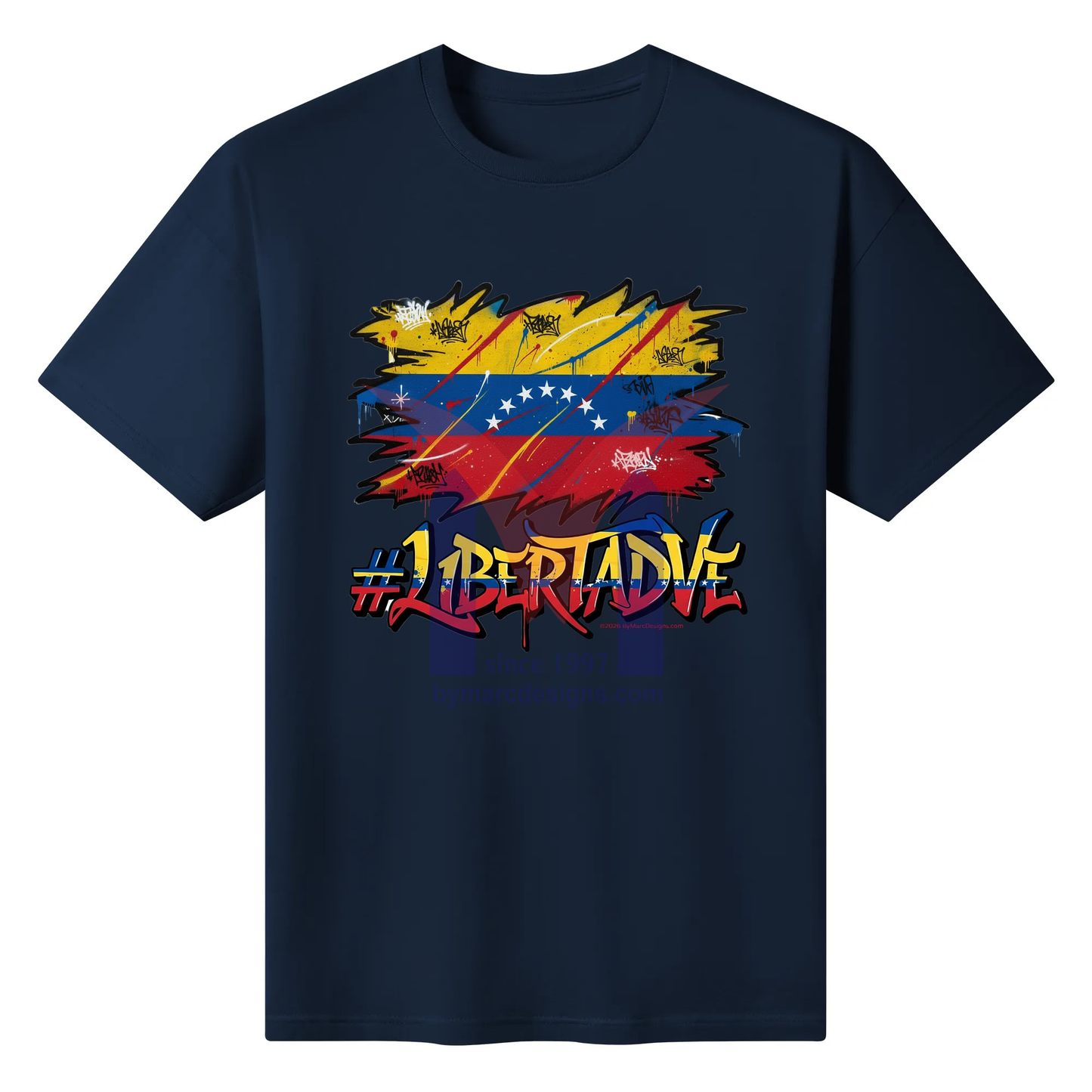 Navy blue t-shirt with a colorful graphic design and '#Libertad' text on a white background