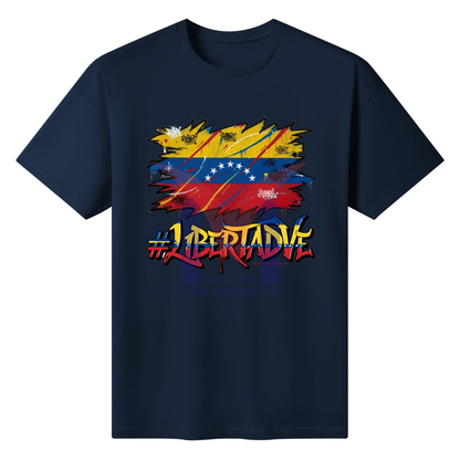 Navy blue t-shirt with a colorful graphic design and '#Libertad' text on a white background