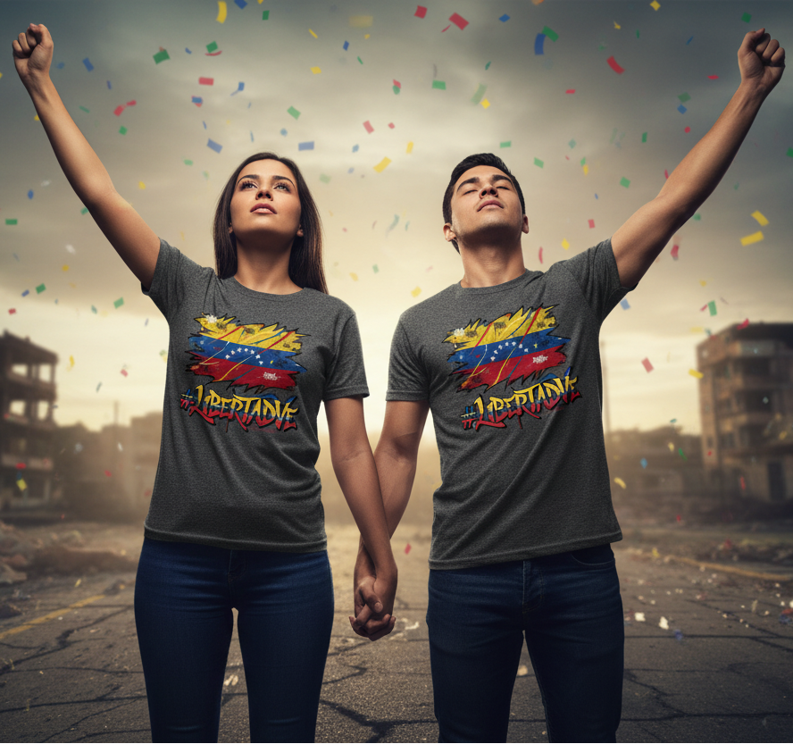 Two people wearing gray t-shirts with a colorful design, standing in an urban setting with confetti falling.