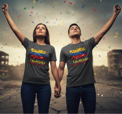 Two people wearing gray t-shirts with a colorful design, standing in an urban setting with confetti falling.