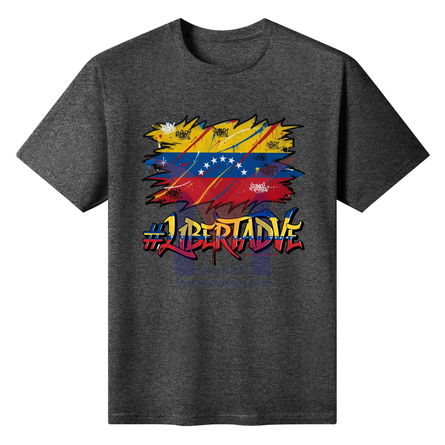 Dark gray t-shirt with a colorful graphic design and '#LibertadVE' text on a white background