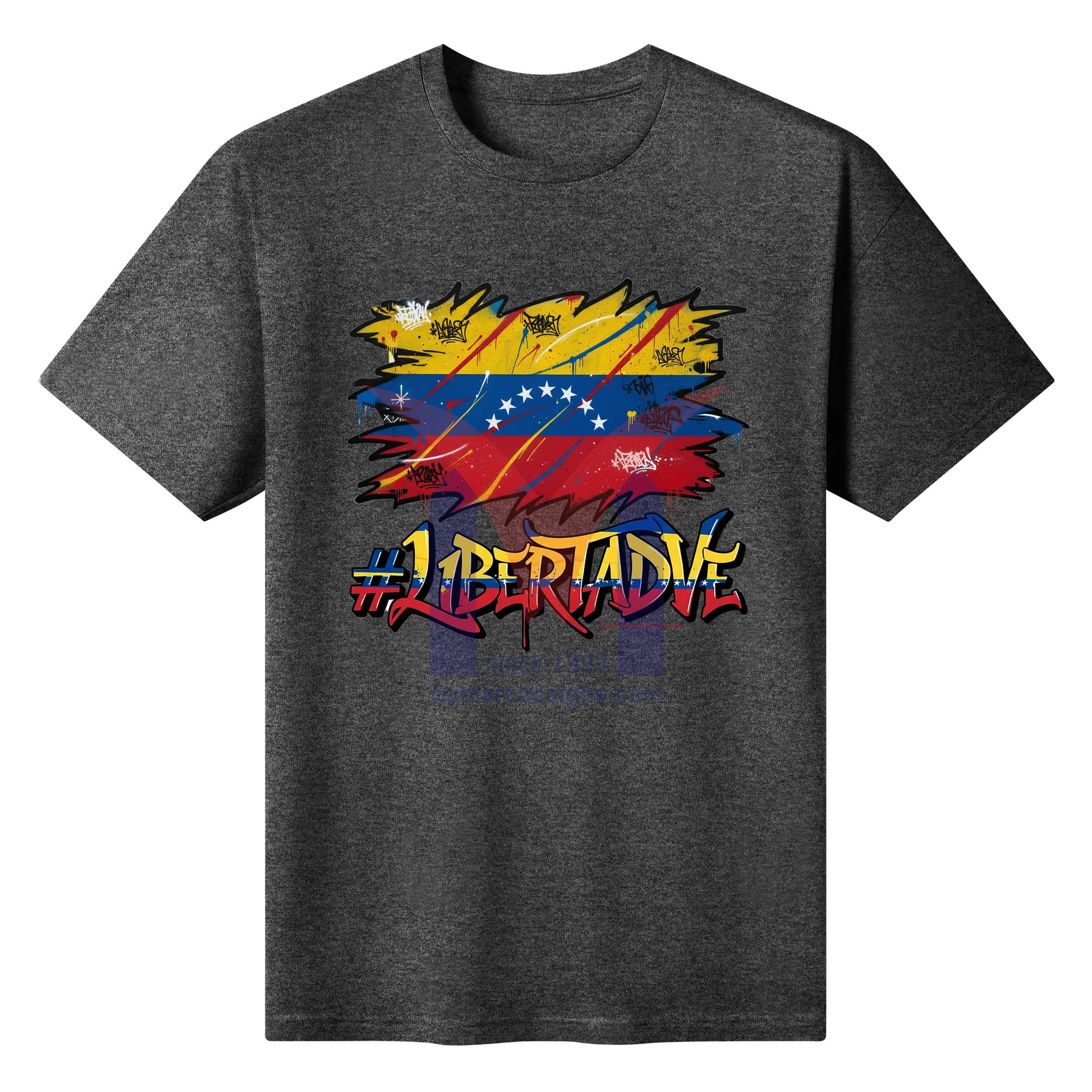 Dark gray t-shirt with a colorful graphic design and '#LibertadVE' text on a white background