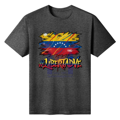 Dark gray t-shirt with a colorful graphic design and '#LibertadVE' text on a white background