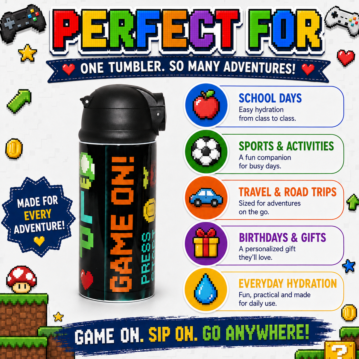 Personalized Gamer 12oz Water Bottle | Level Up Custom Name Tumbler for Kids