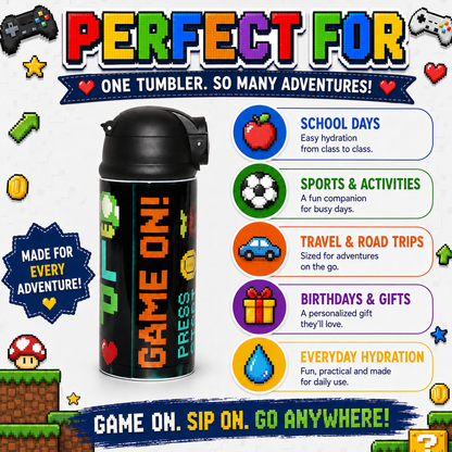 Personalized Gamer 12oz Water Bottle | Level Up Custom Name Tumbler for Kids