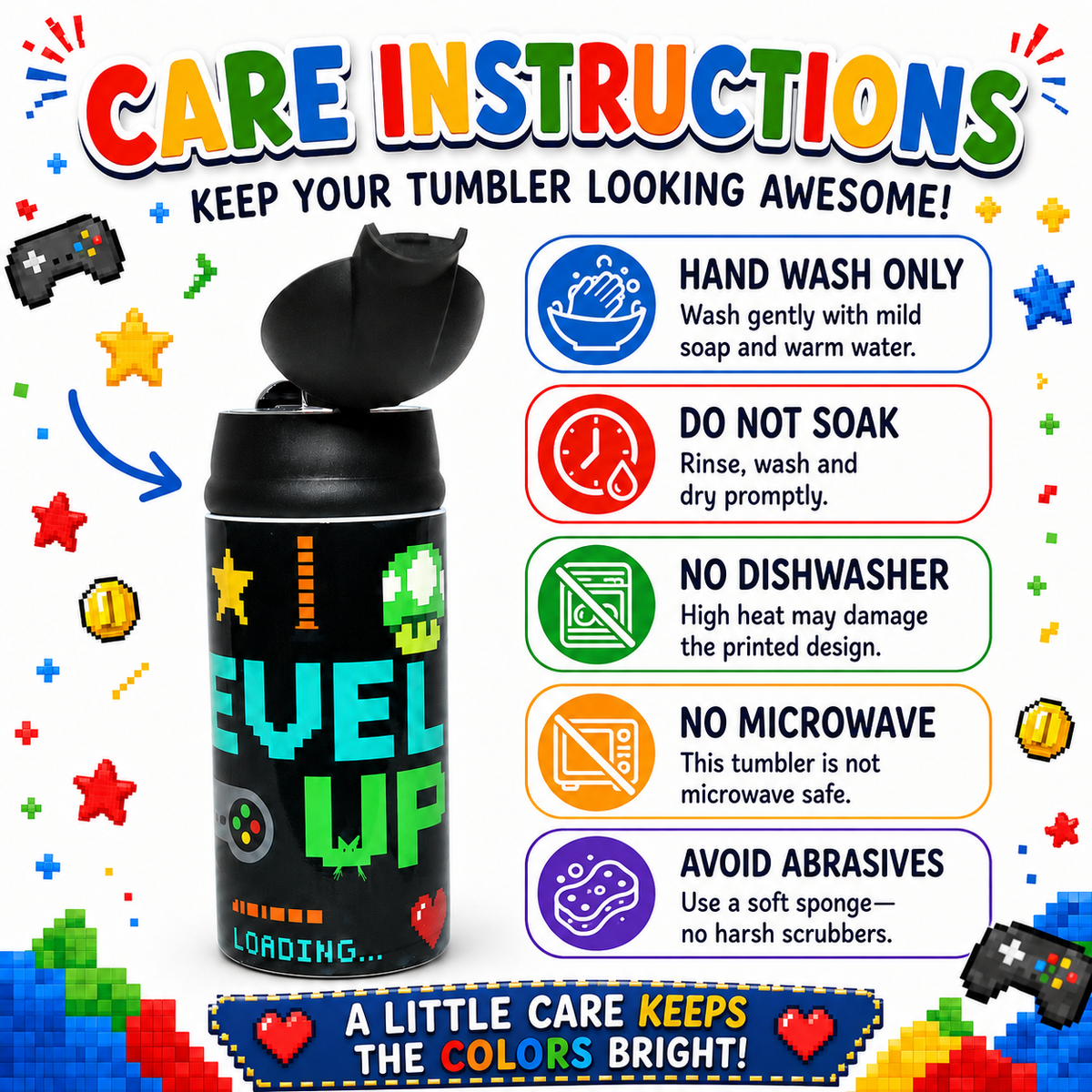 Personalized Gamer 12oz Water Bottle | Level Up Custom Name Tumbler for Kids