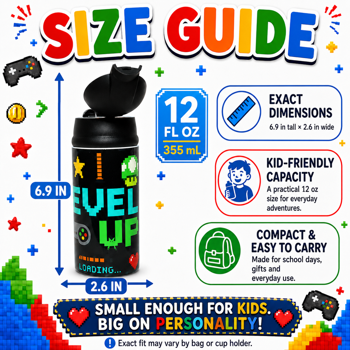 Personalized Gamer 12oz Water Bottle | Level Up Custom Name Tumbler for Kids