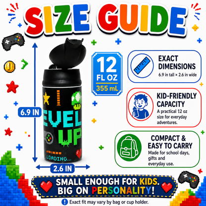 Personalized Gamer 12oz Water Bottle | Level Up Custom Name Tumbler for Kids