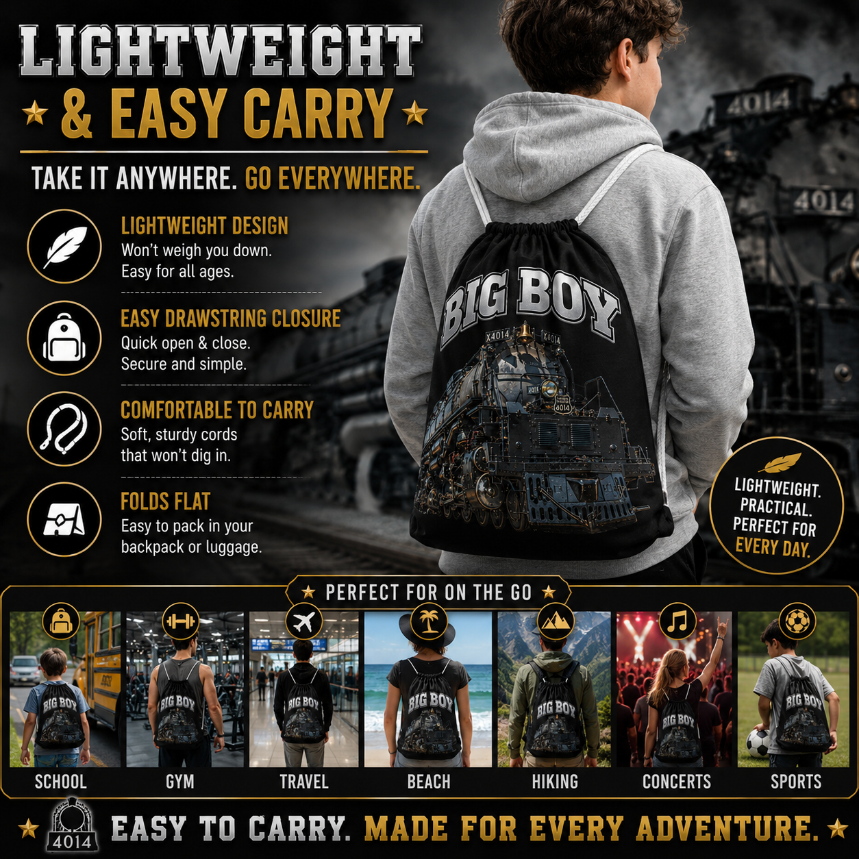 Big Boy 4014 Drawstring Bag | Train Gym Bag & Railroad Fan Gift
