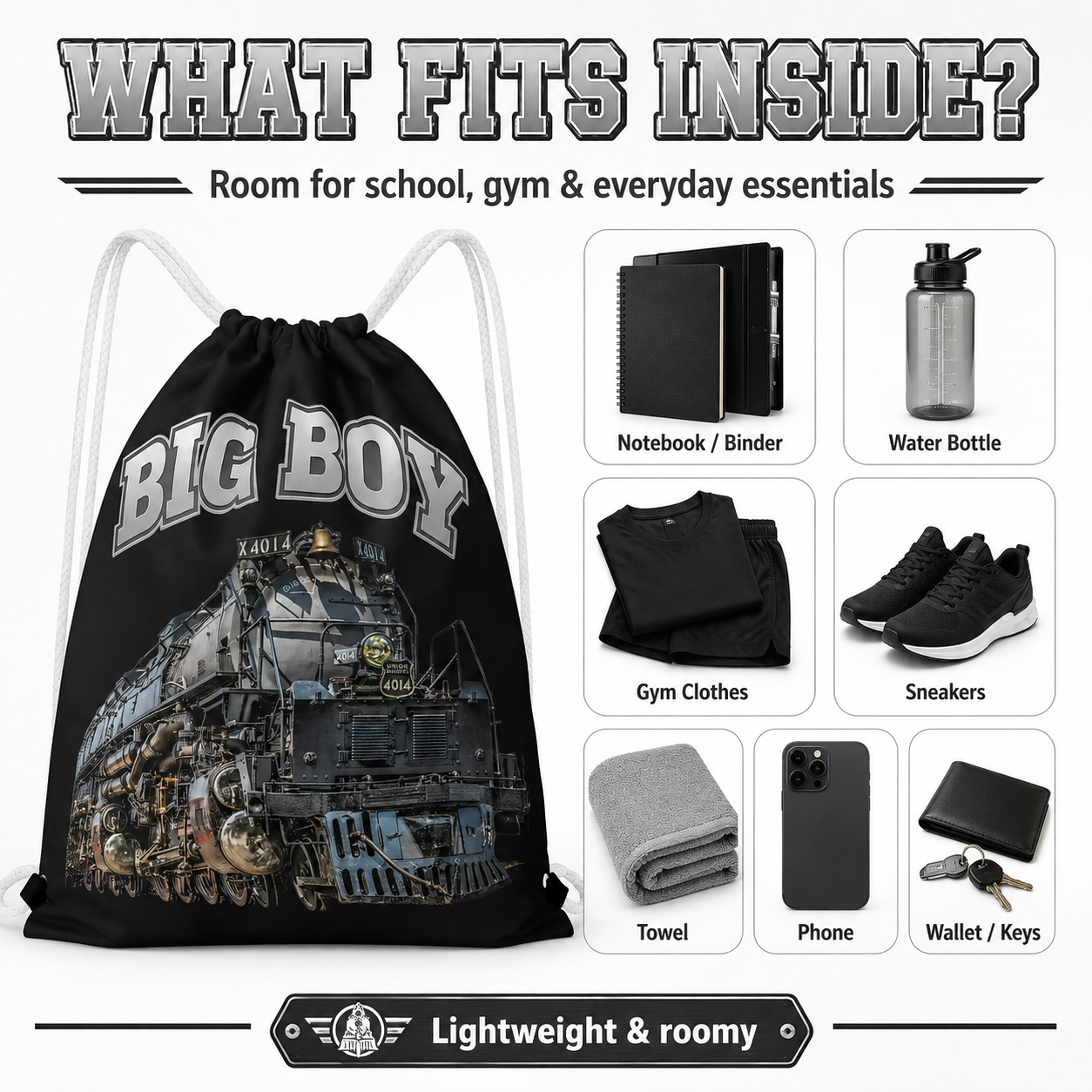 Big Boy 4014 Drawstring Bag | Train Gym Bag & Railroad Fan Gift