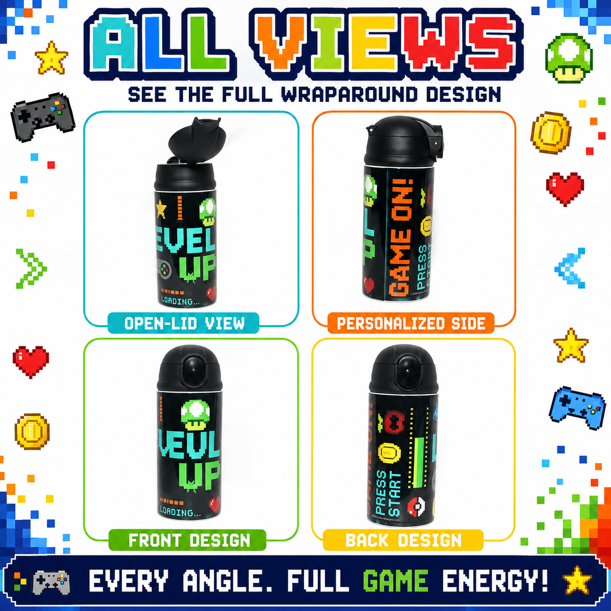 Personalized Gamer 12oz Water Bottle | Level Up Custom Name Tumbler for Kids