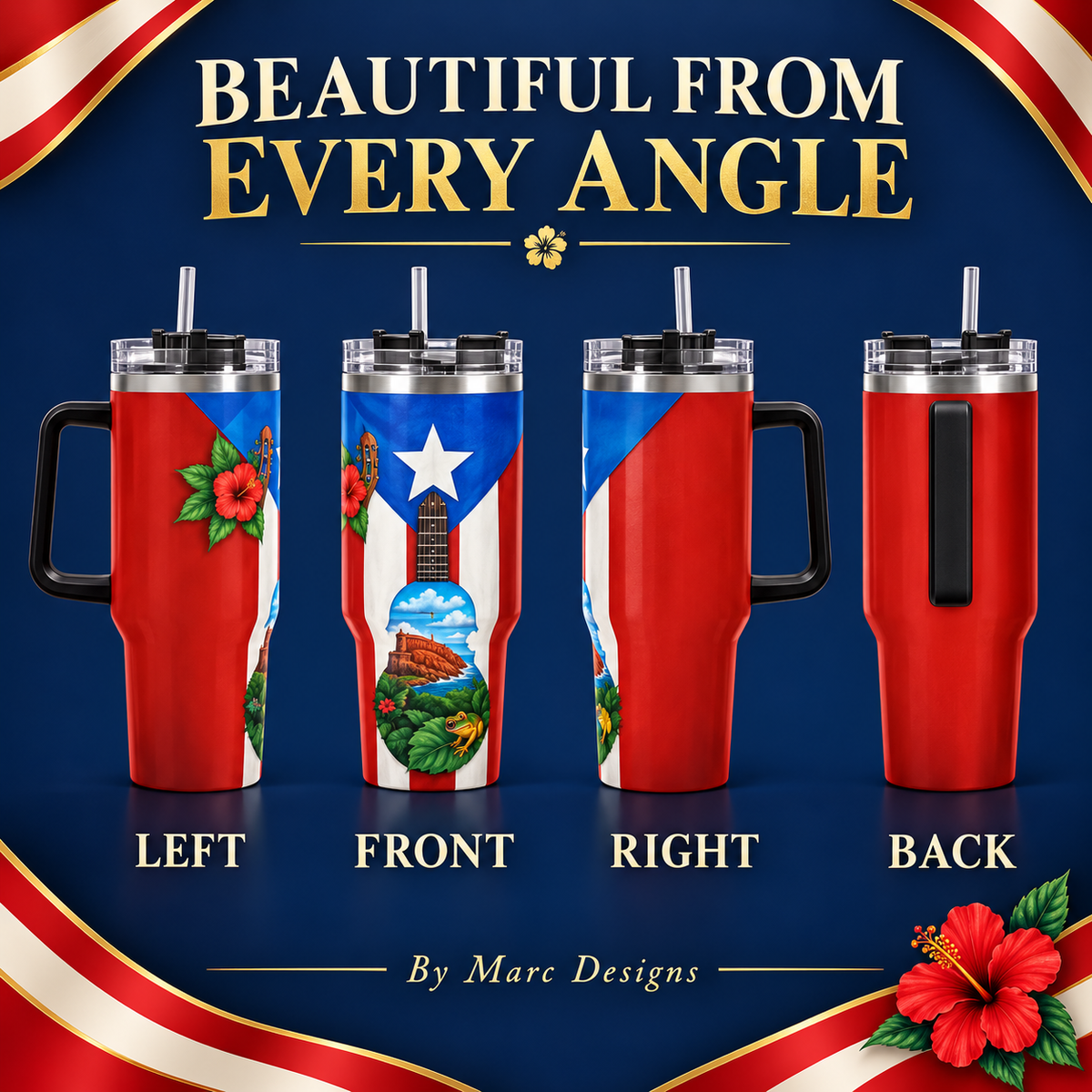 Puerto Rico 40 oz Stainless Steel Tumbler, Cuatro & Coquí Design, Insulated Cup with Handle