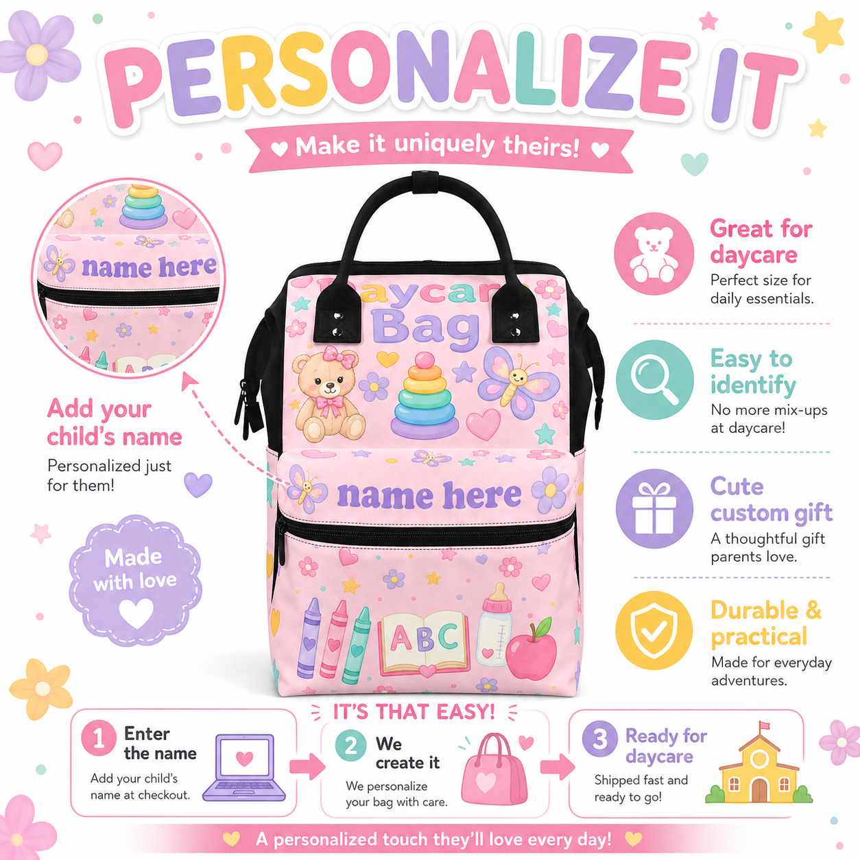 Personalized Daycare Bag for Girls | Cute Toddler Backpack with Name