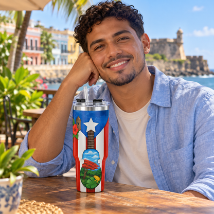 Puerto Rico 40 oz Stainless Steel Tumbler, Cuatro & Coquí Design, Insulated Cup with Handle