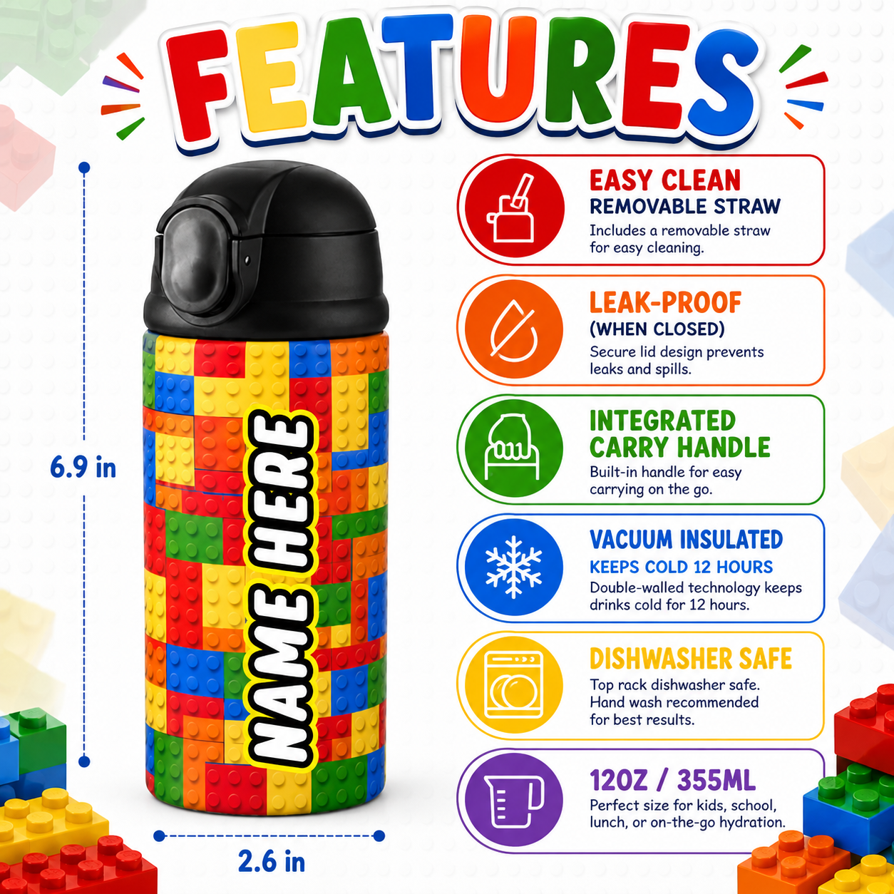 Personalized Building Block 12oz Tumbler | Custom Name Kids Water Bottle for School