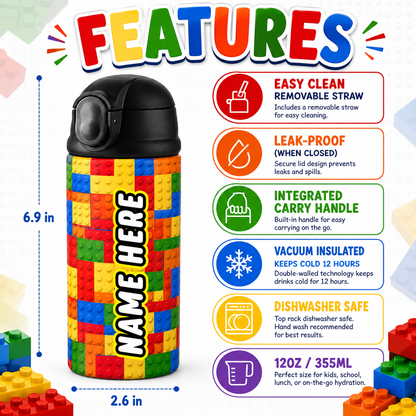 Personalized Building Block 12oz Tumbler | Custom Name Kids Water Bottle for School