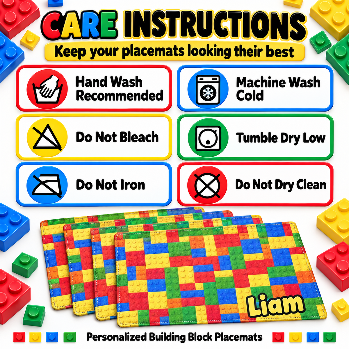 Personalized Building Block Placemats Set of 4, Up to 4 Different Names, Colorful Kids Table Mats, 18 x 12 Inch