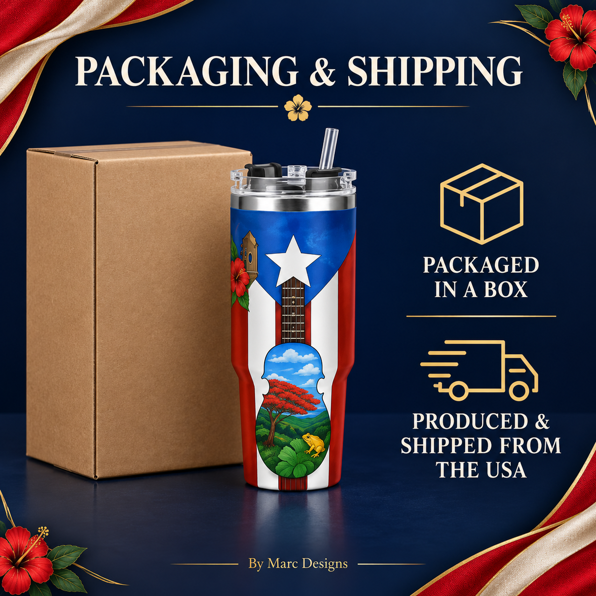 Puerto Rico 40 oz Stainless Steel Tumbler, Cuatro & Coquí Design, Insulated Cup with Handle