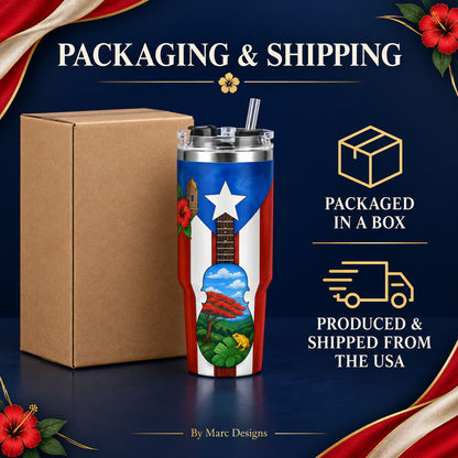 Puerto Rico 40 oz Stainless Steel Tumbler, Cuatro & Coquí Design, Insulated Cup with Handle