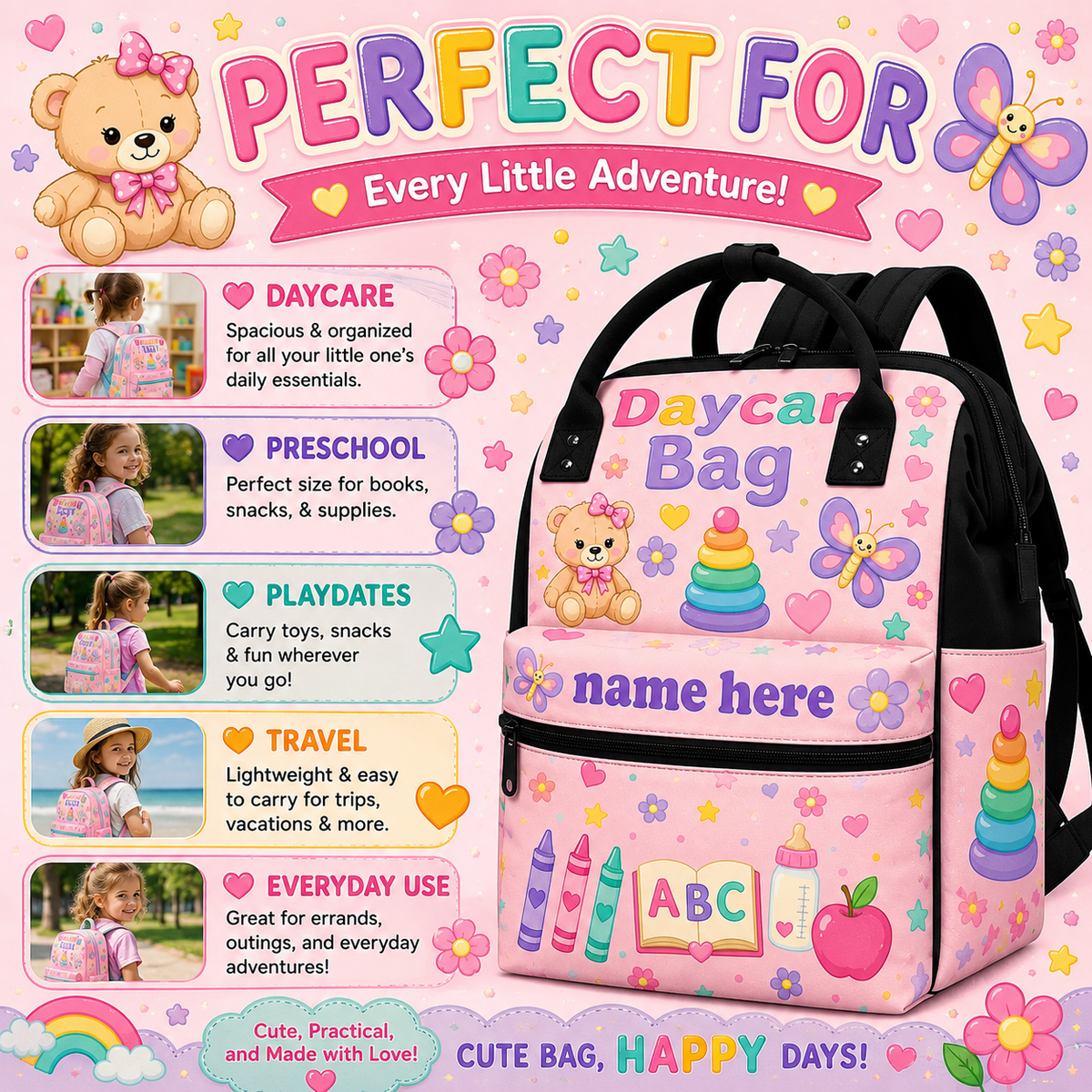 Personalized Daycare Bag for Girls | Cute Toddler Backpack with Name